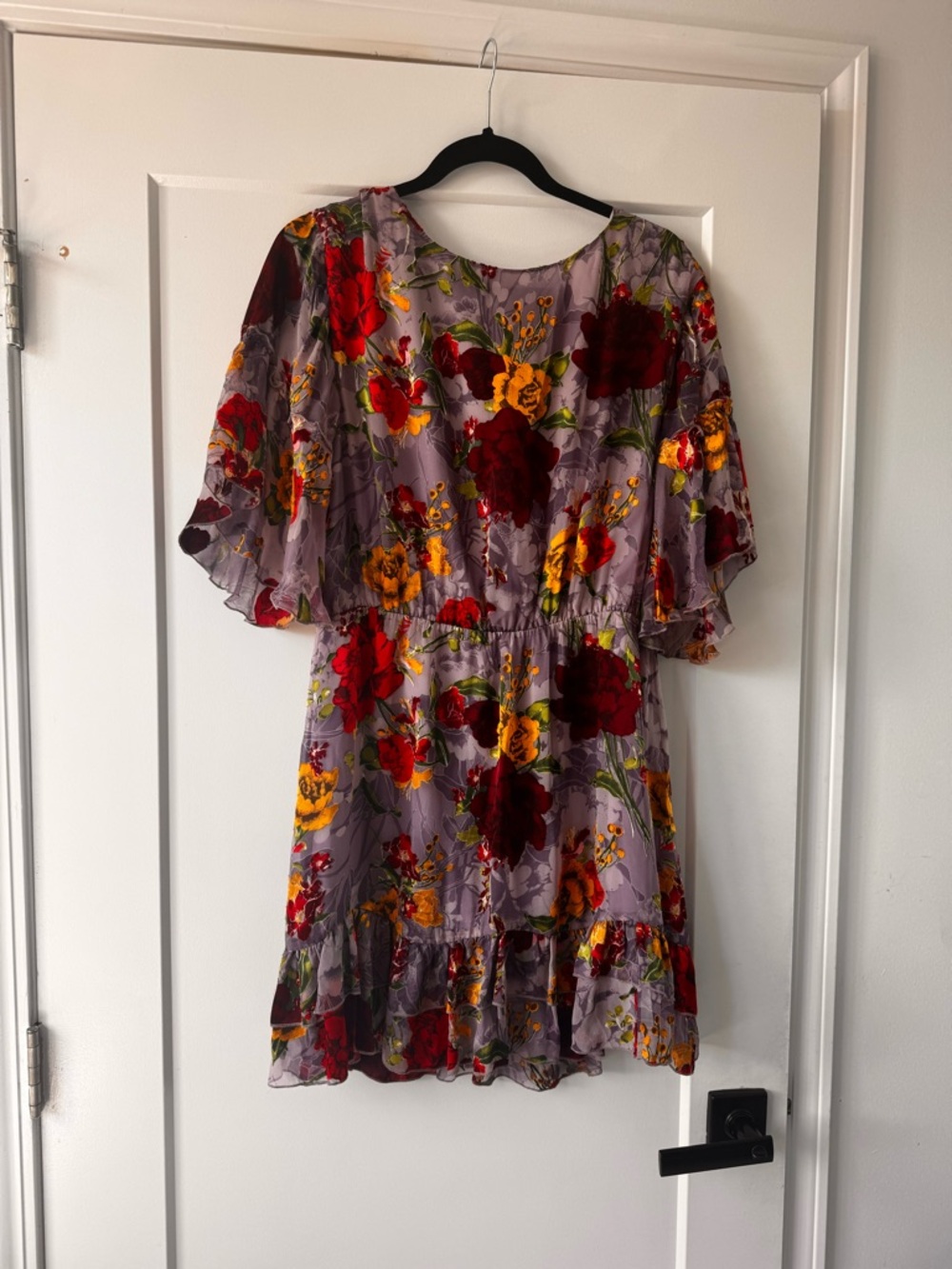 Alice + Olivia Lavender Floral Ruffle mini Dress with floral velvet Accents